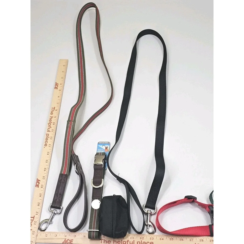 7 Piece Dog Lot Small/Large Breed Size 2 Leashes 3 Collars(1 New) Bag Holder Toy